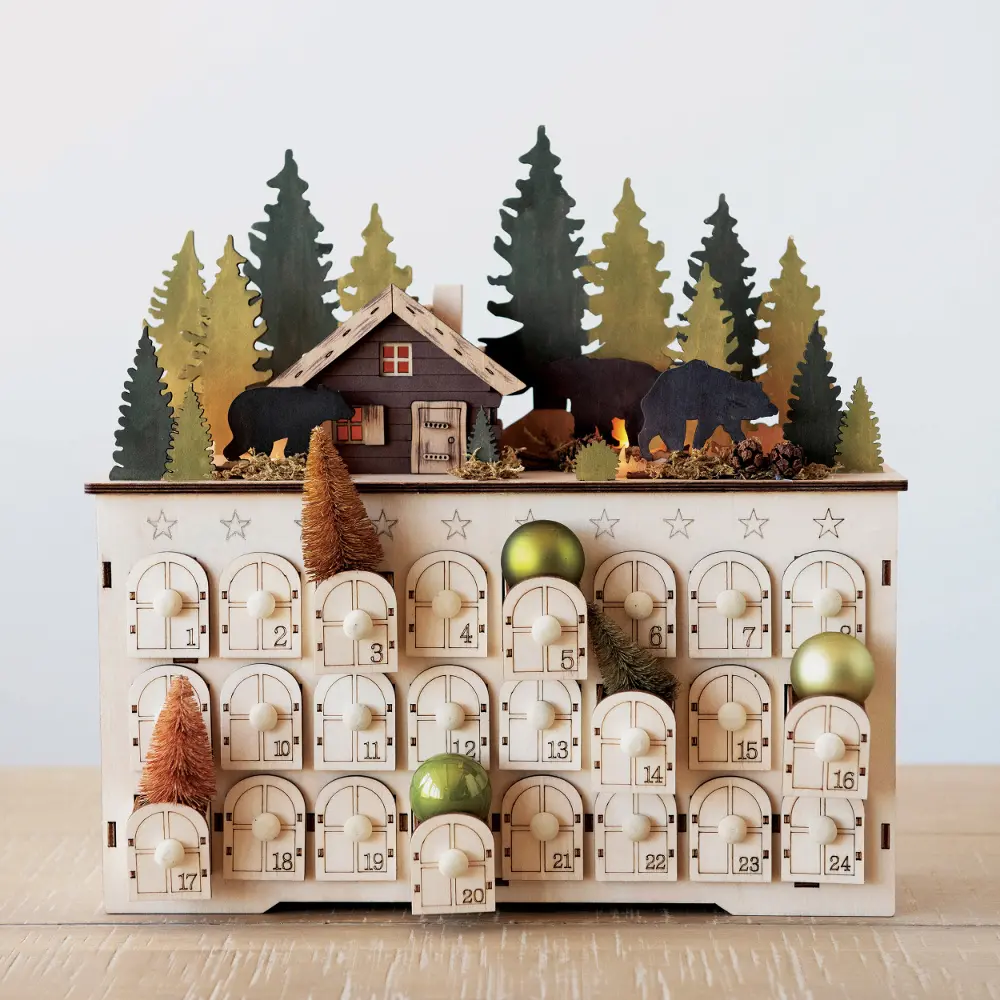 XM7961 Cabin Scene Wood Advent Calendar with 24 Boxes and LED Lights-1