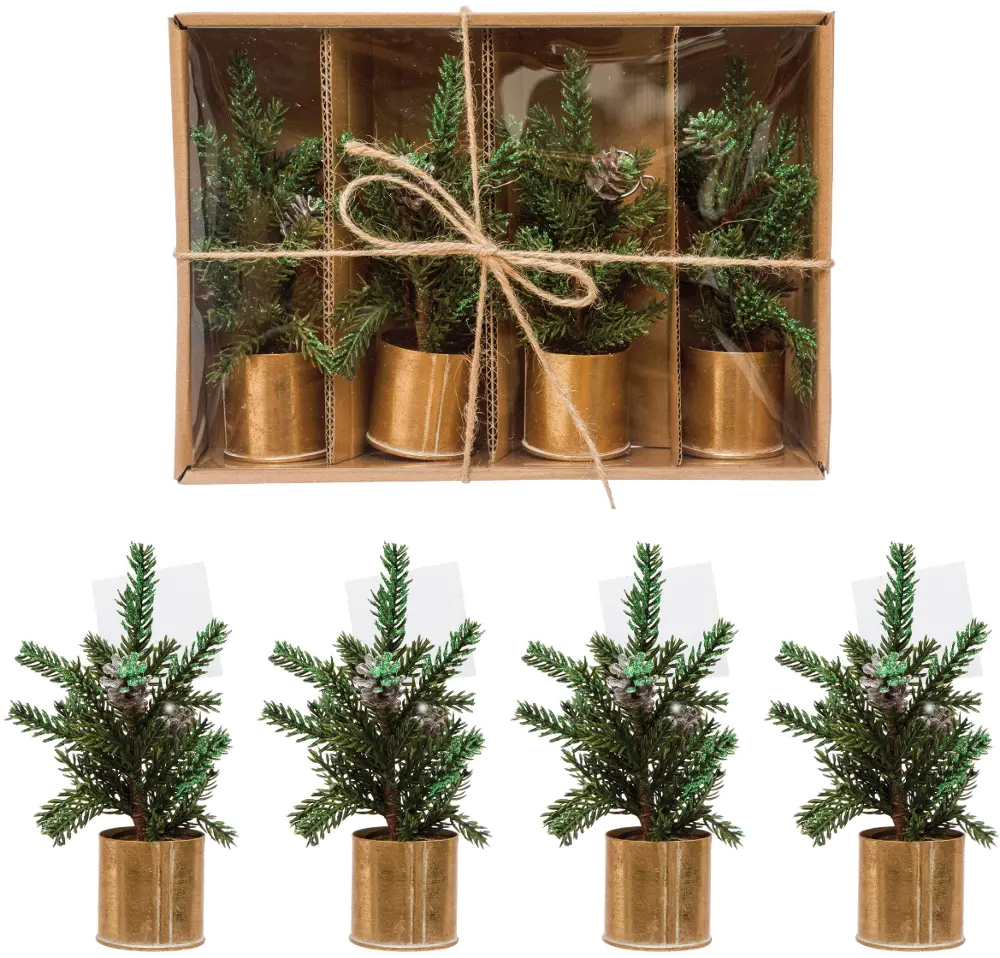 Faux Pine Tree Place Card Holders in Gold Pot (Boxed Set of 4)-1