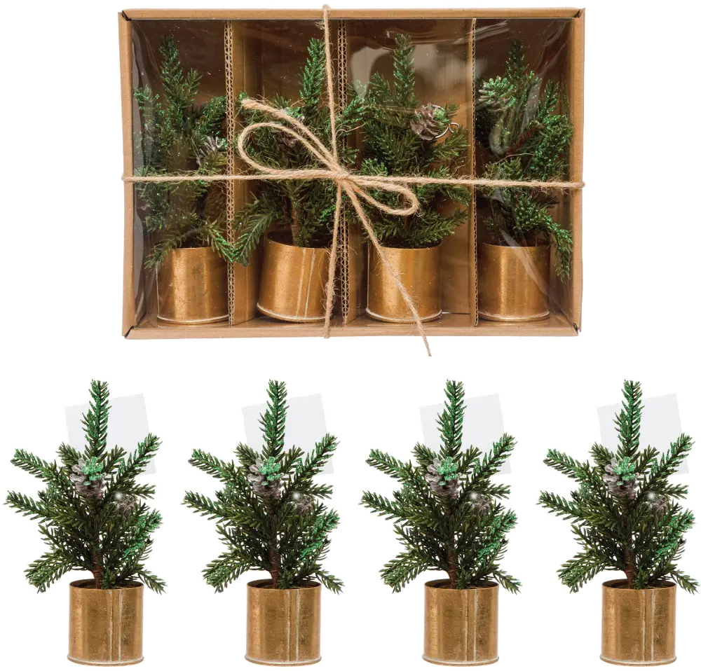 XM8466-BOXSET-CARDHD Faux Pine Tree Place Card Holders in Gold Pot (Boxed Set of 4)-1