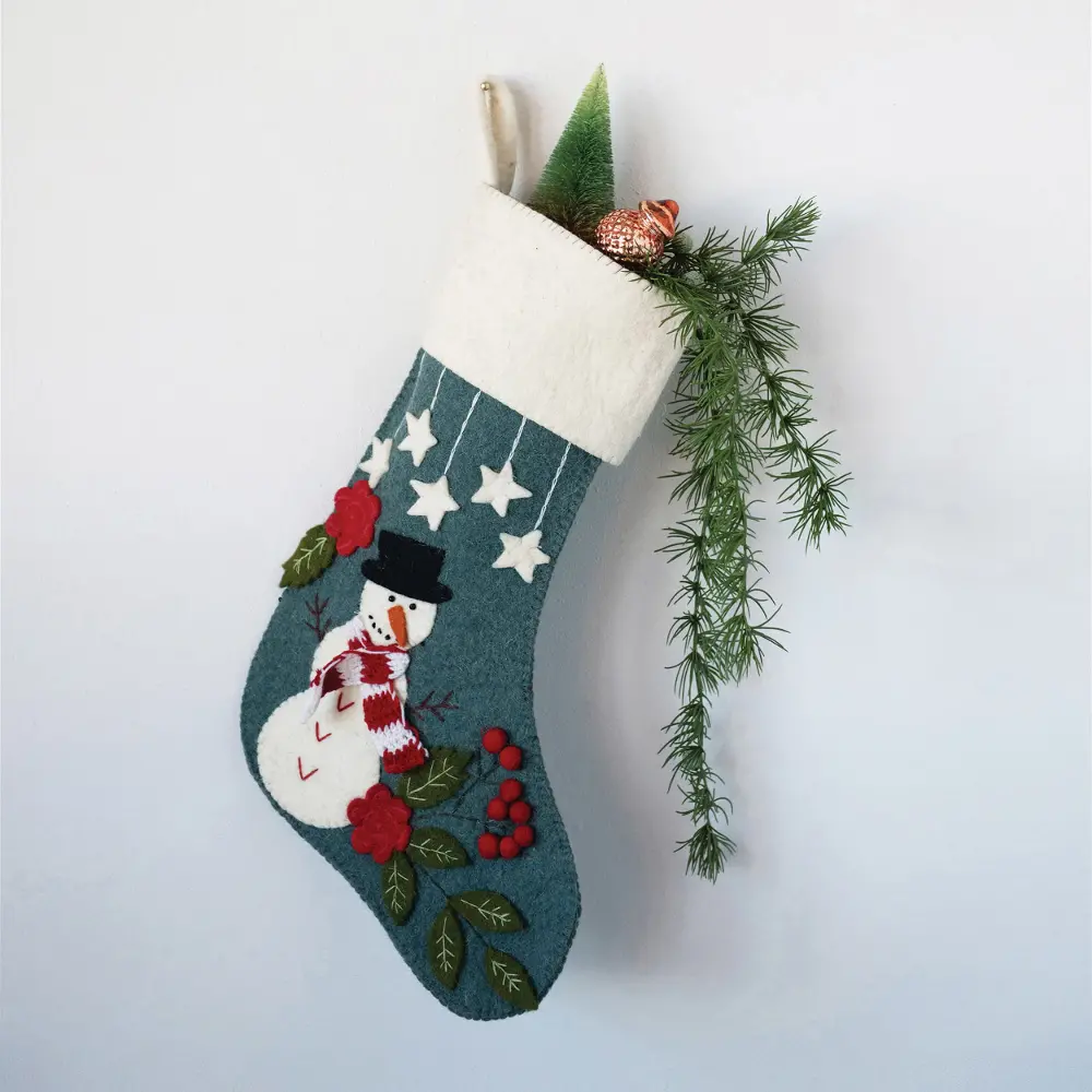 XM9109 Multi Color Wool Felt Stocking with Embroidery and Snowman Applique-1
