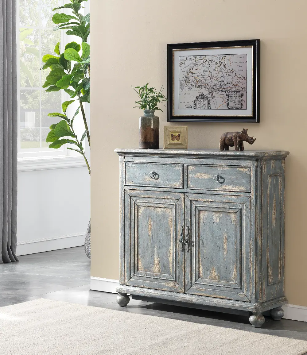 51539/BLUE-CABINET Aged Blue Two Door Two Drawer Accent Cabinet-1