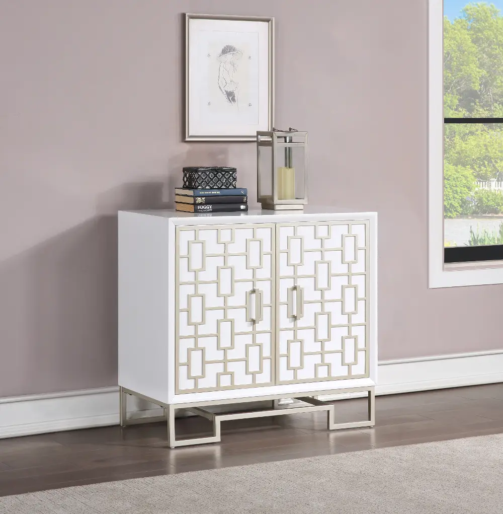 55642 Contemporary White Two Door Cabinet with Champagne Detailing-1