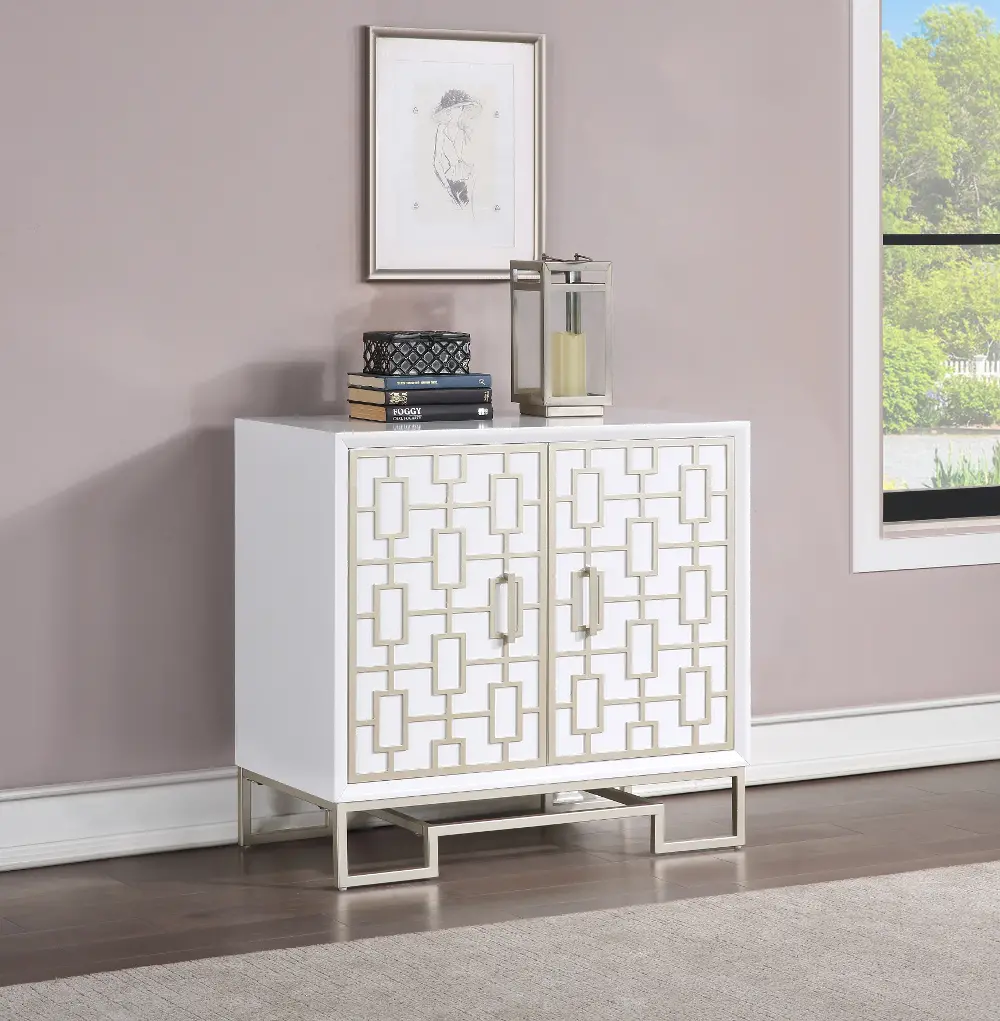 55642/WHITE-CABINET Contemporary White Two Door Cabinet with Champagne Detailing-1