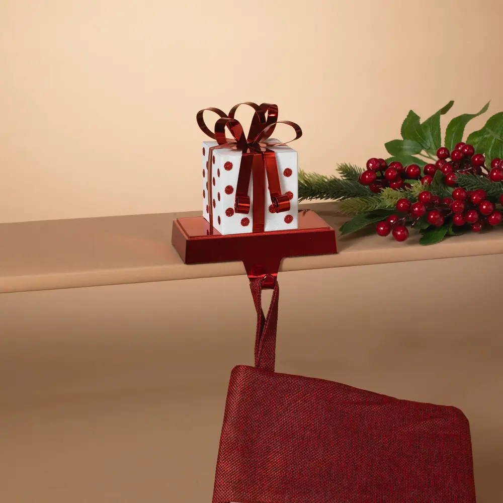 Red and White Metal Polka Dot Gift Box Stocking Holder-1