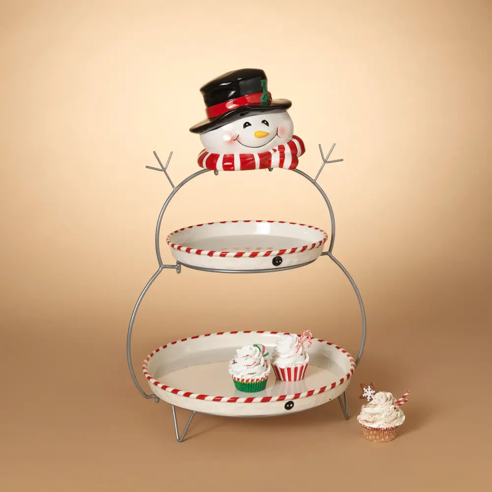 Ceramic Snowman 2 Tier Serving Tray with Metal Stand-1