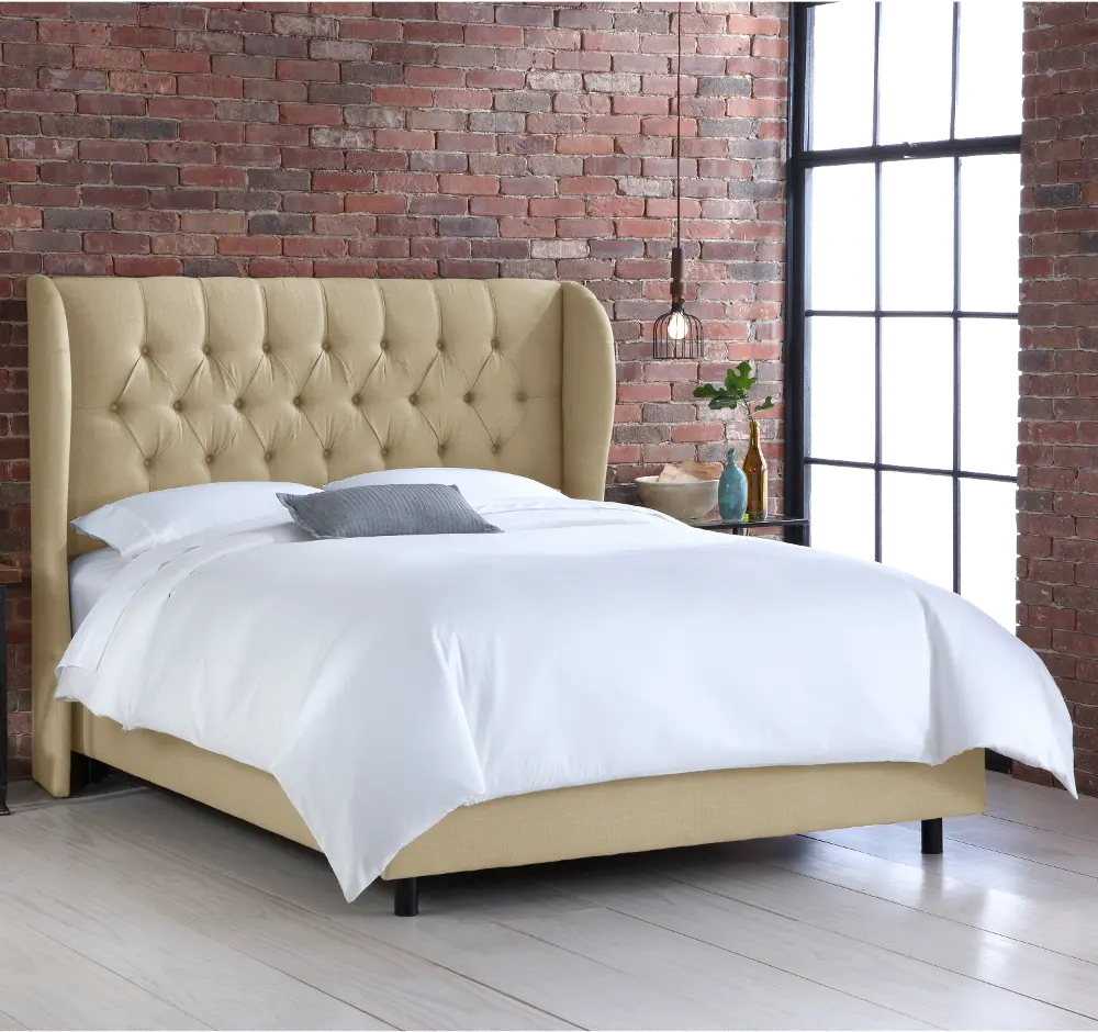 412BEDLNNSND Queen Linen Sandstone Curved Wingback Upholstered Bed-1