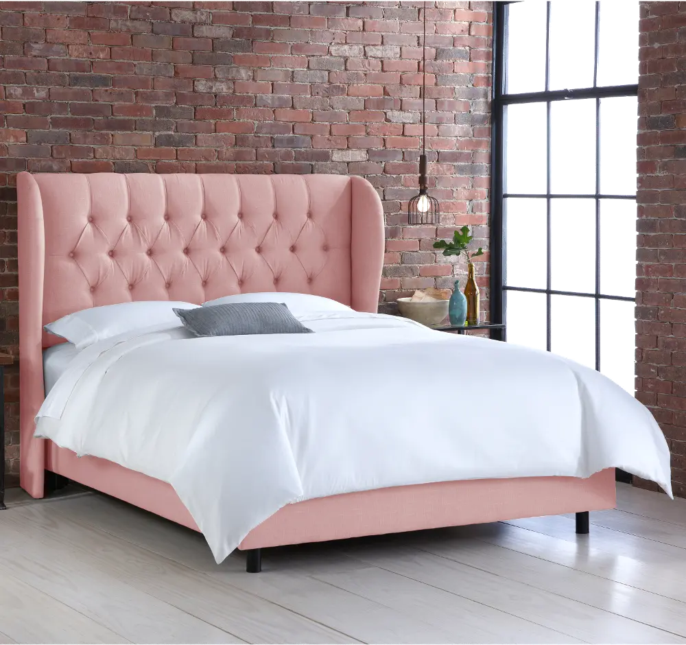 413BEDLNNBLS King Linen Blush Pink Curved Wingback Upholstered Bed-1