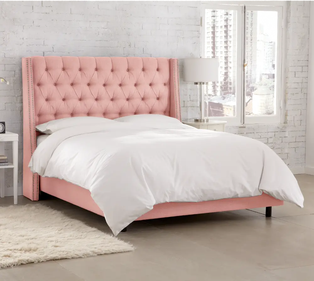 124NBBED-PWLNNPTL Riley Pink Flared Wingback California King Bed - Skyline Furniture-1