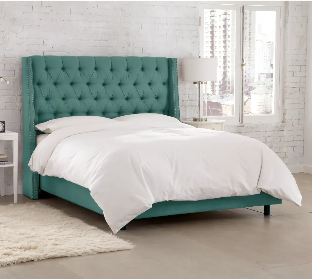 124NBBED-PWLNNLGN Riley Teal Flared Wingback California King Bed - Skyline Furniture-1