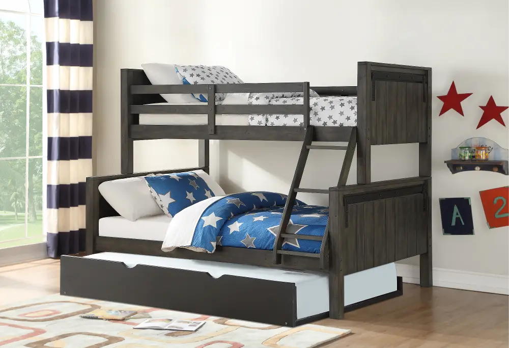 Gray Twin over Full Bunk Bed with Trundle - Barn Door-1