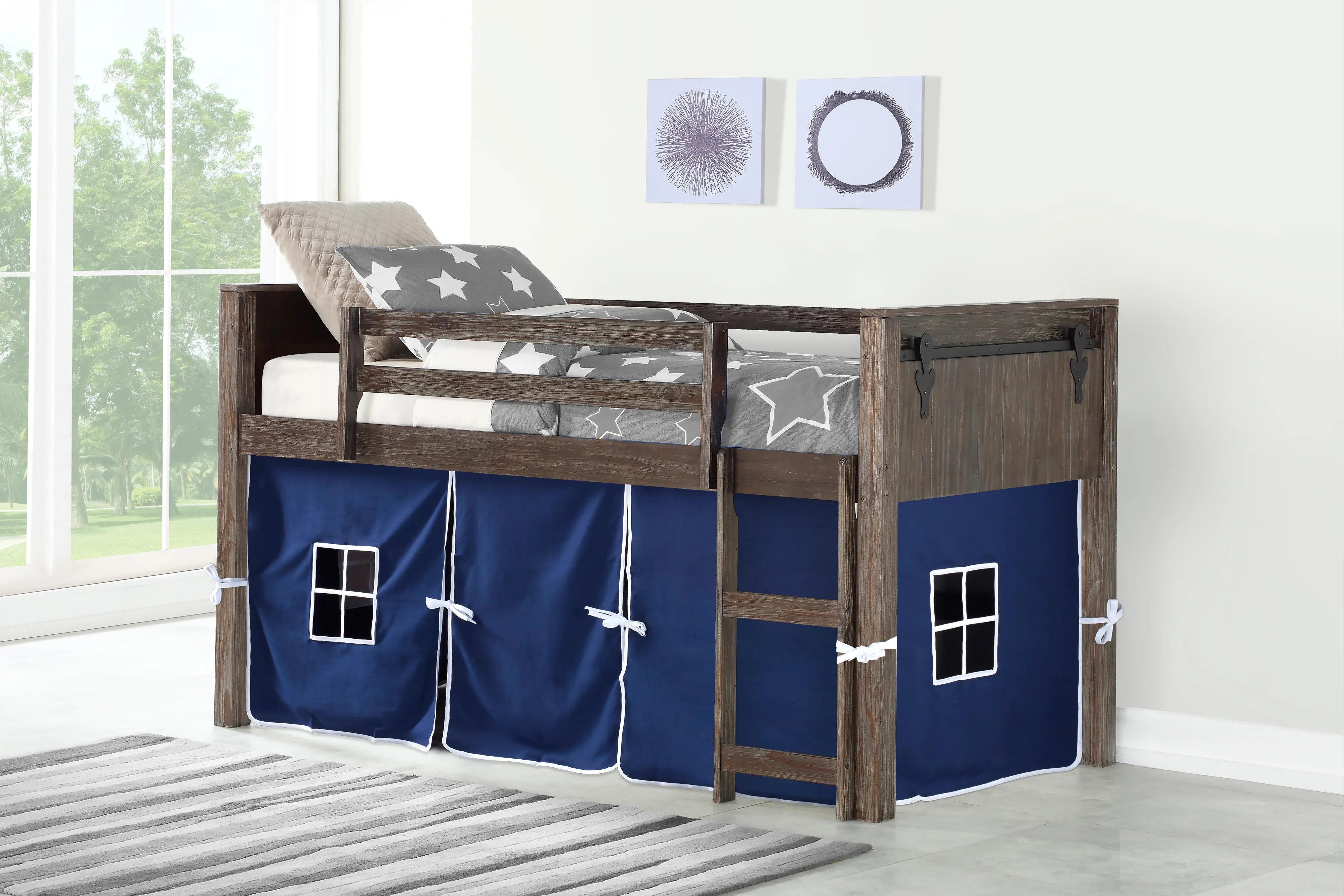 Brushed Brown Twin Loft Bed with Blue Tent - Barn Door