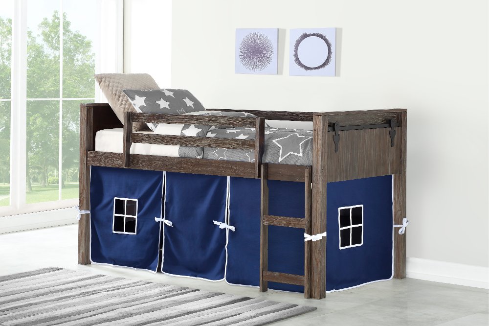 Brushed Brown Twin Loft Bed with Blue Tent - Barn Door