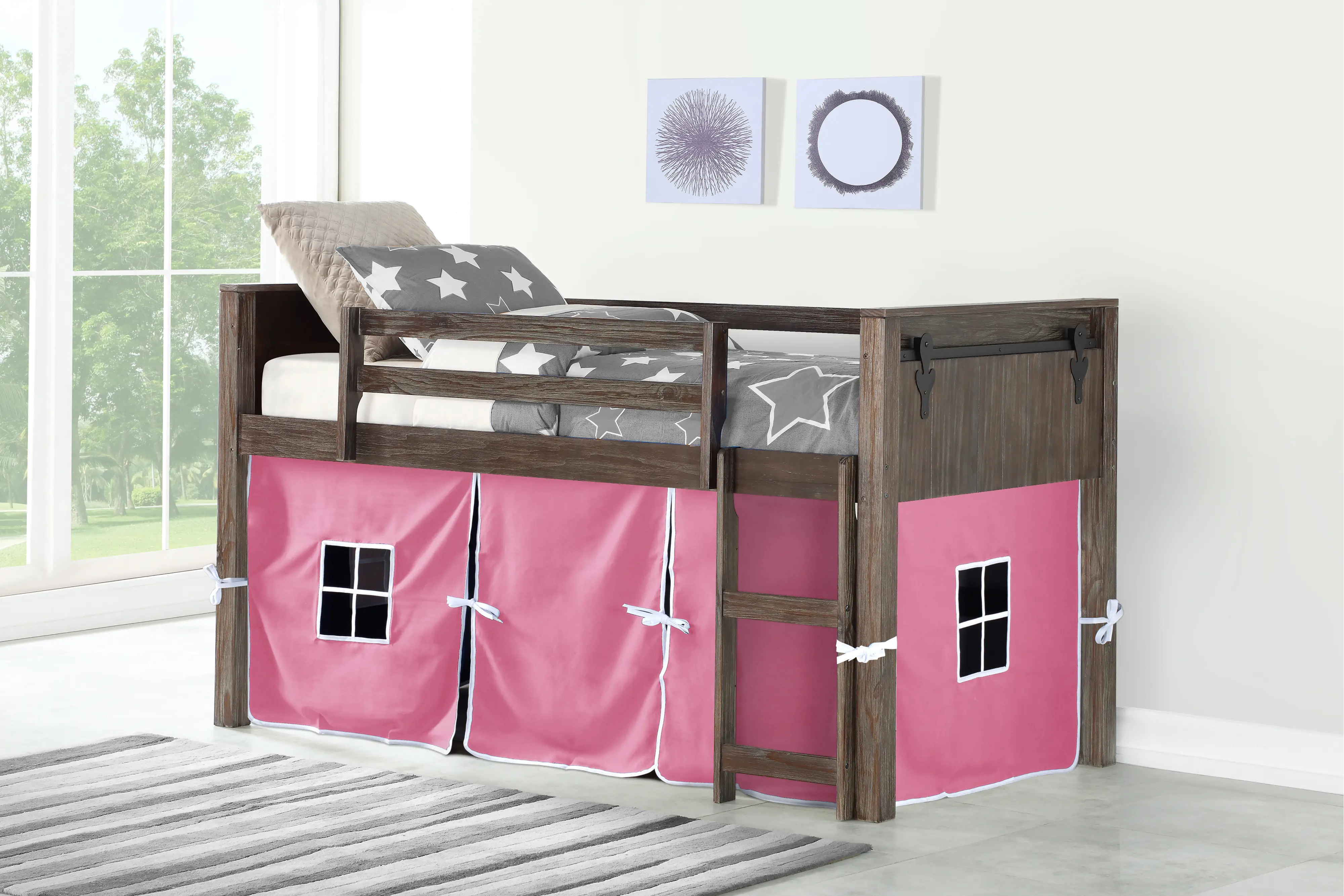 Brushed Brown Twin Loft Bed with Pink Tent - Barn Door