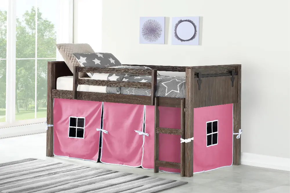 Brushed Brown Twin Loft Bed with Pink Tent - Barn Door-1