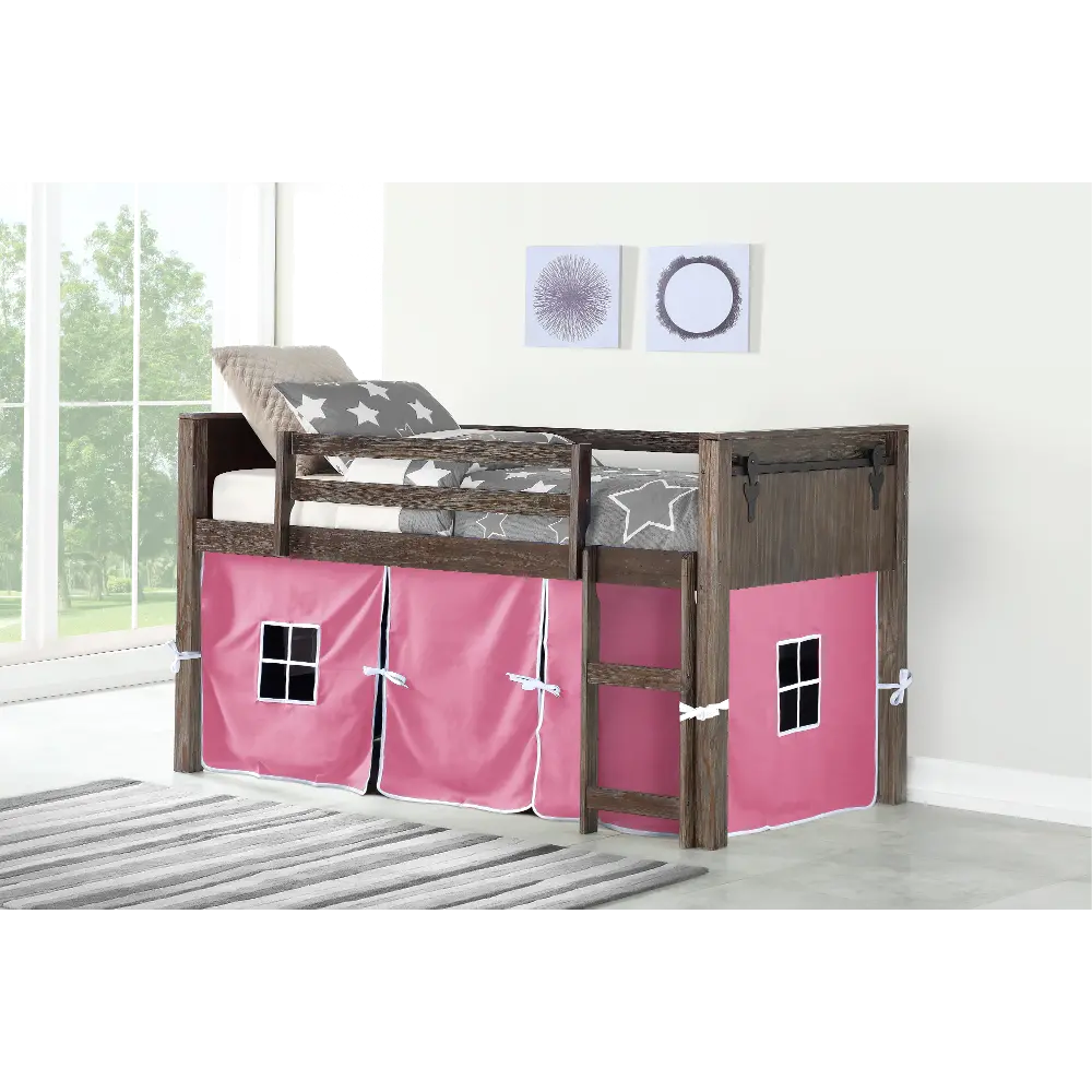 Brushed Brown Twin Loft Bed with Pink Tent - Barn Door-1