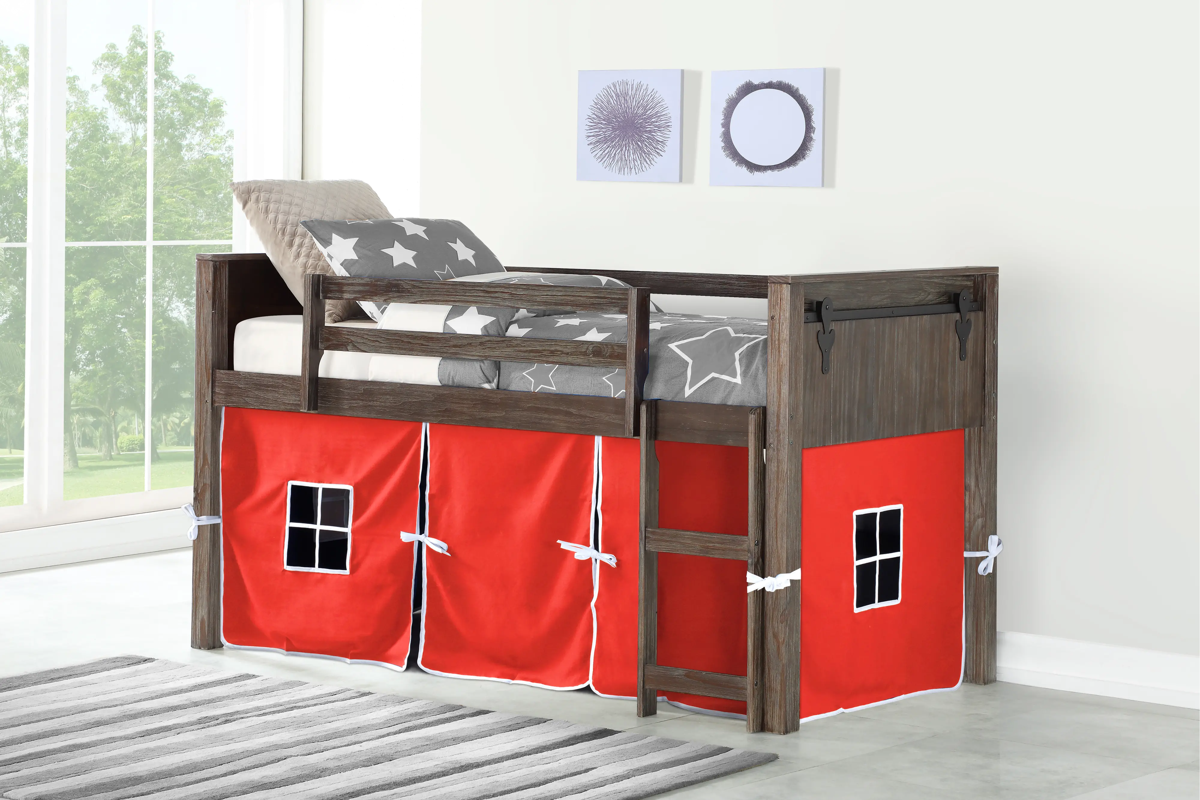Photos - Bed Donco Trading Brushed Brown Twin Loft  with Red Tent - Barn Door 0318A