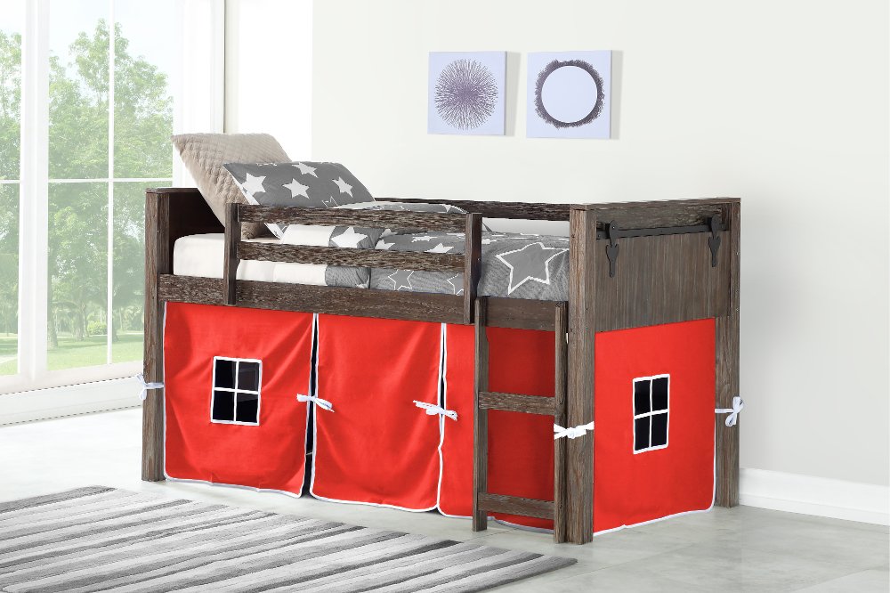 Brushed Brown Twin Loft Bed with Red Tent - Barn Door