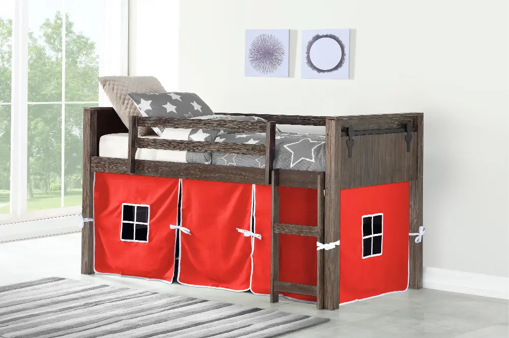 Brushed Brown Twin Loft Bed with Red Tent - Barn Door-1