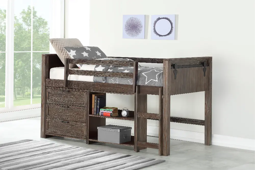 Brown Twin Low Loft Bed Style C - Barn Door-1