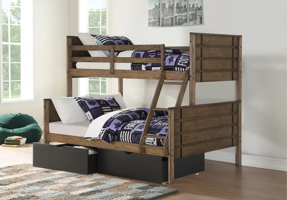 Amber Brown Twin over Full Bunk Bed with Storage Drawers-1
