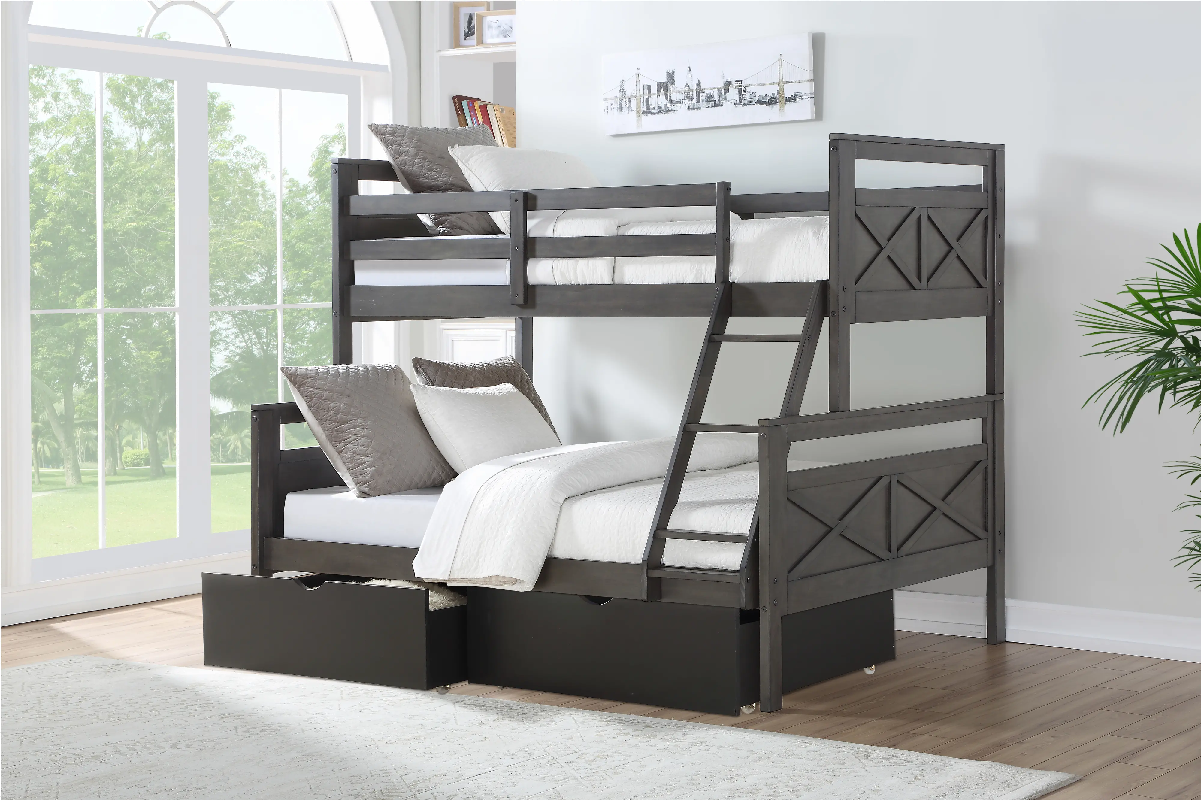 Rustic Gray Twin over Full Bunk Bed with Storage Drawers