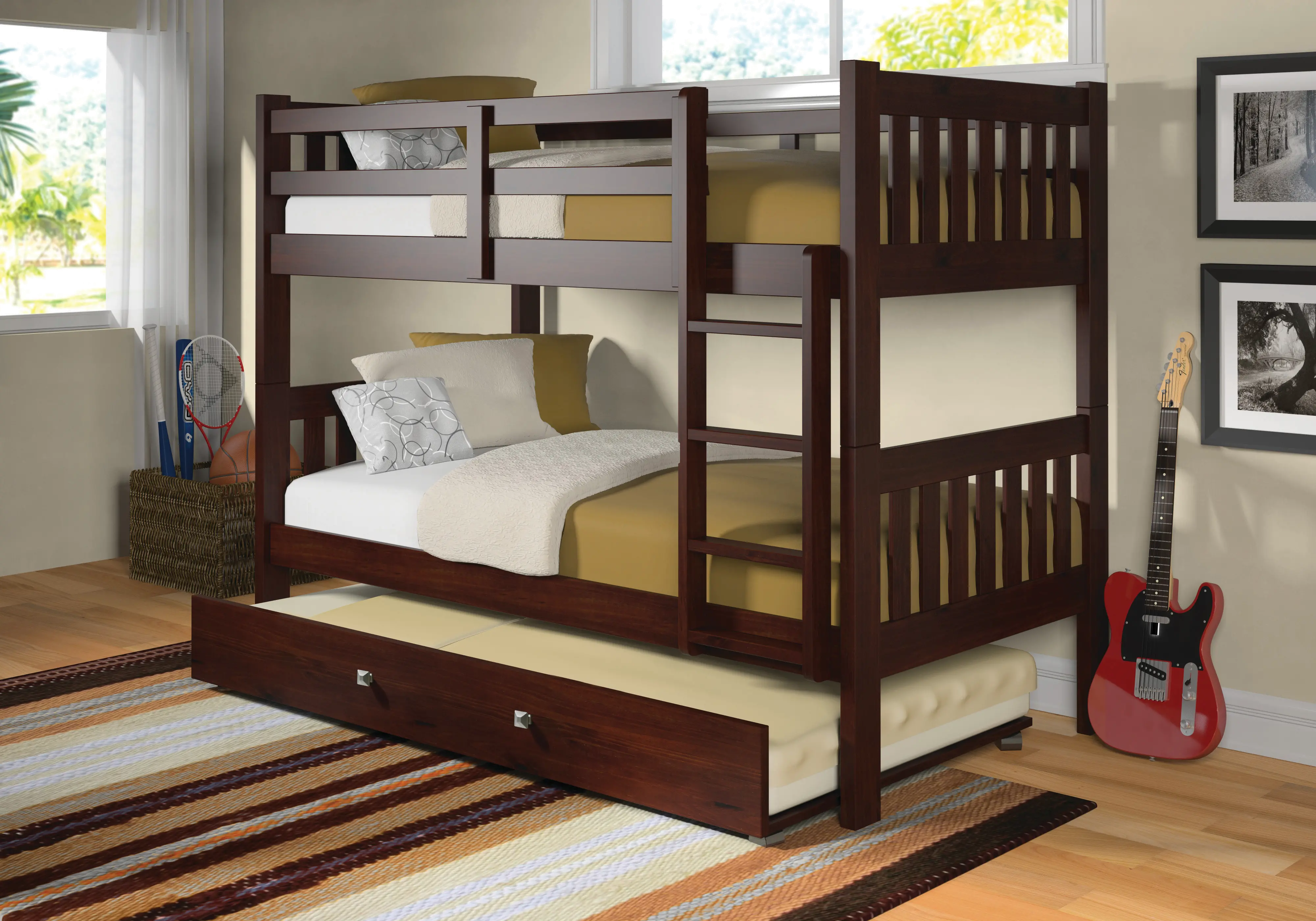 Classic Brown Twin Bunk Bed with Trundle - Mission