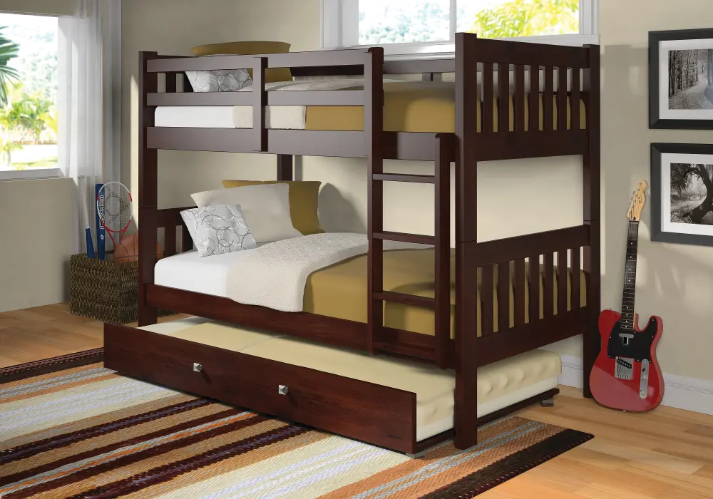 Classic Brown Twin Bunk Bed with Trundle - Mission-1