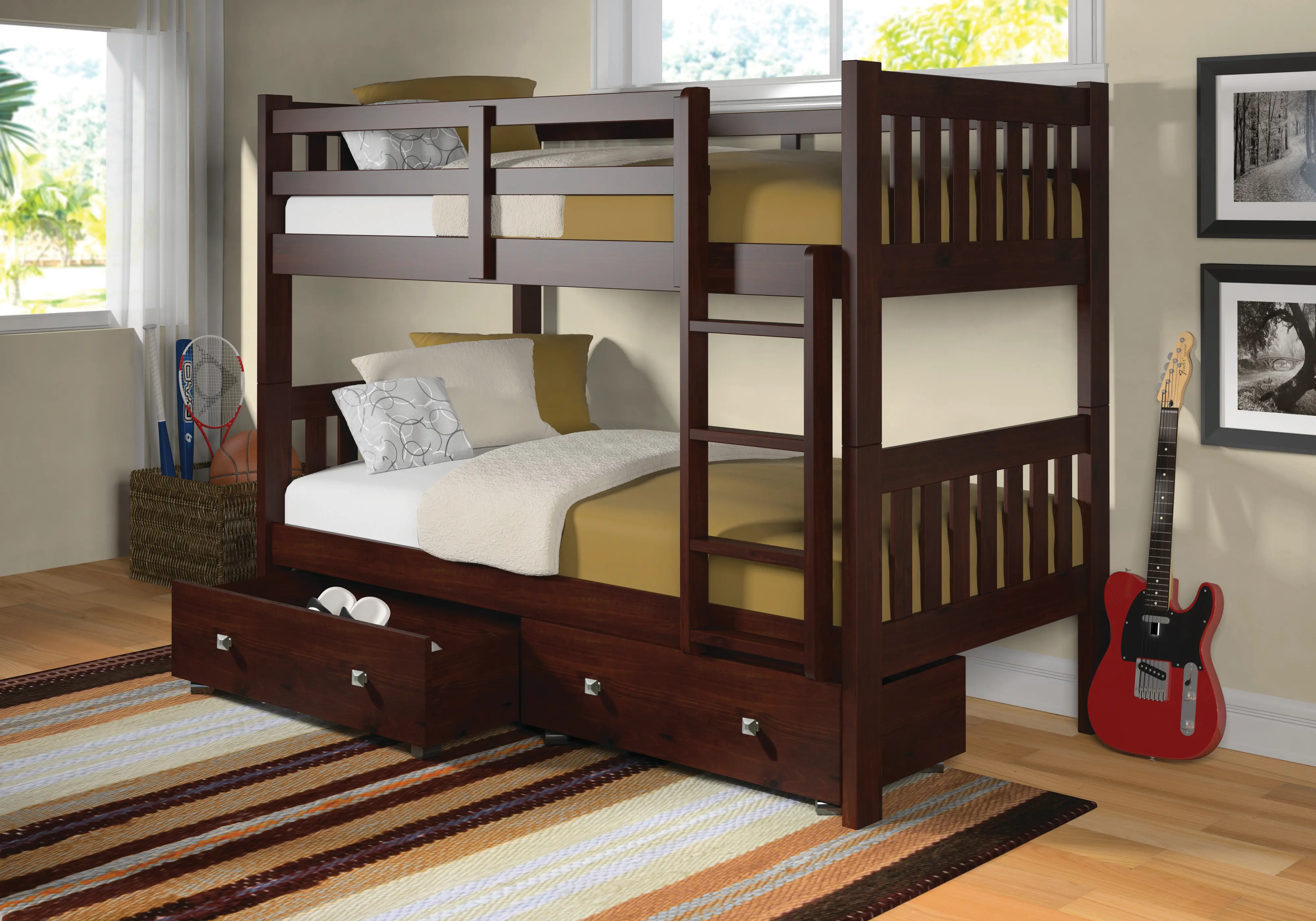 Classic Brown Twin Bunk Bed with Storage Drawers - Mission