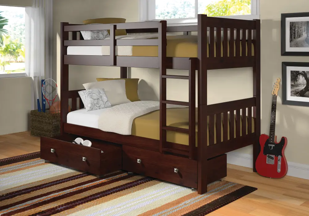 Classic Brown Twin Bunk Bed with Storage Drawers - Mission-1