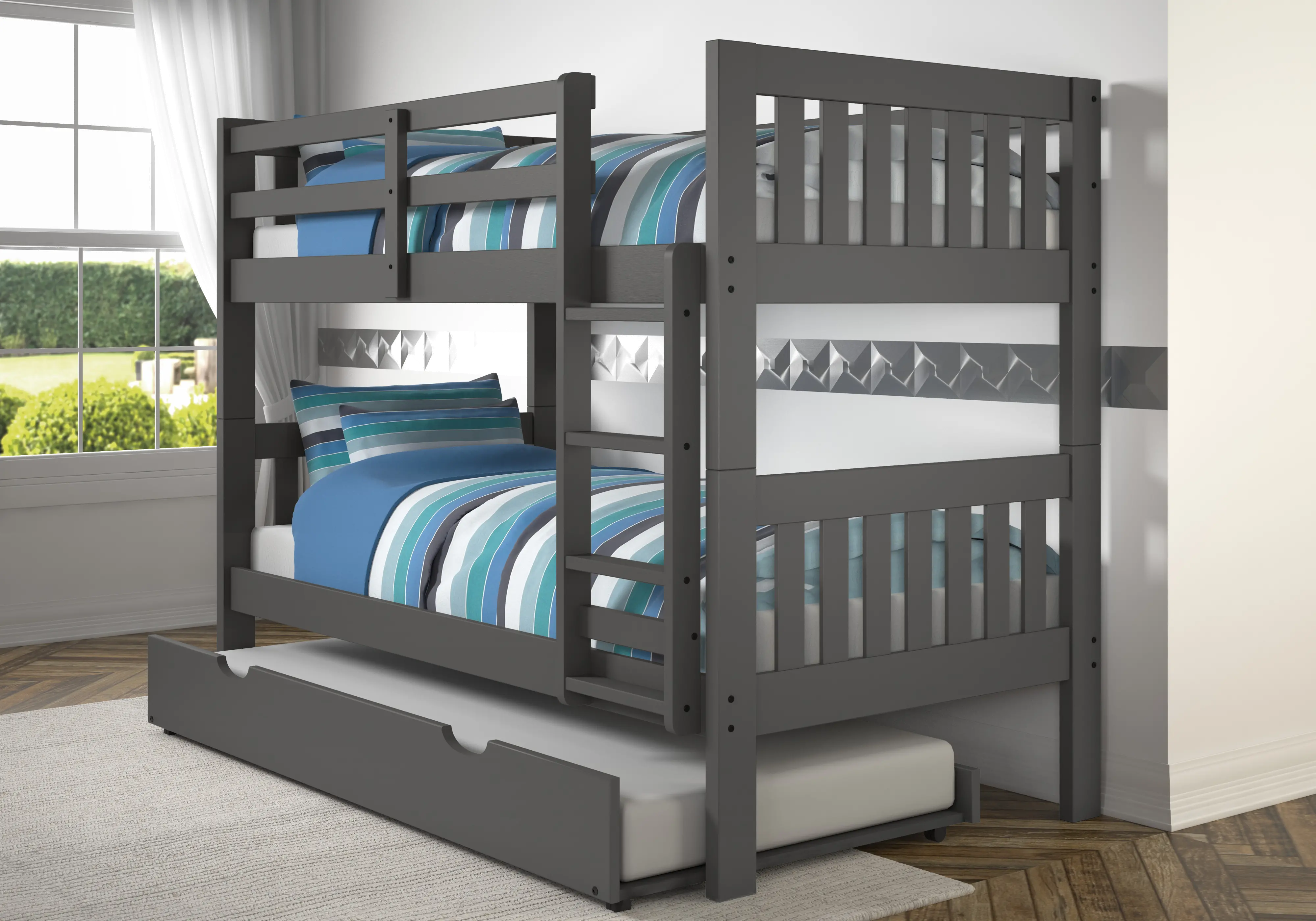Classic Gray Twin Bunk Bed with Trundle - Mission