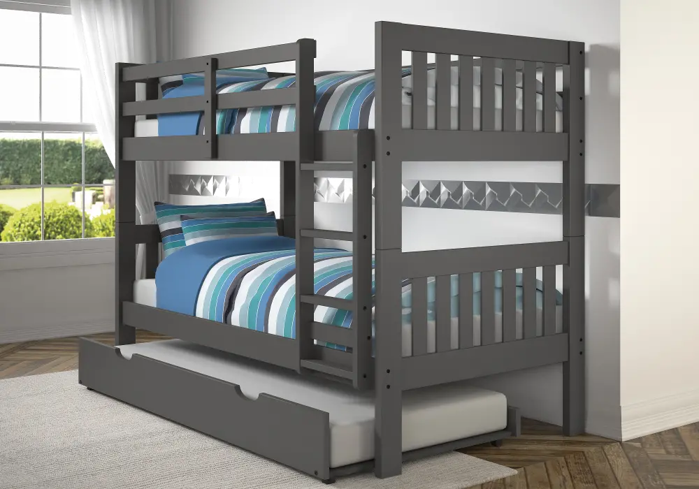 Classic Gray Twin Bunk Bed with Trundle - Mission-1