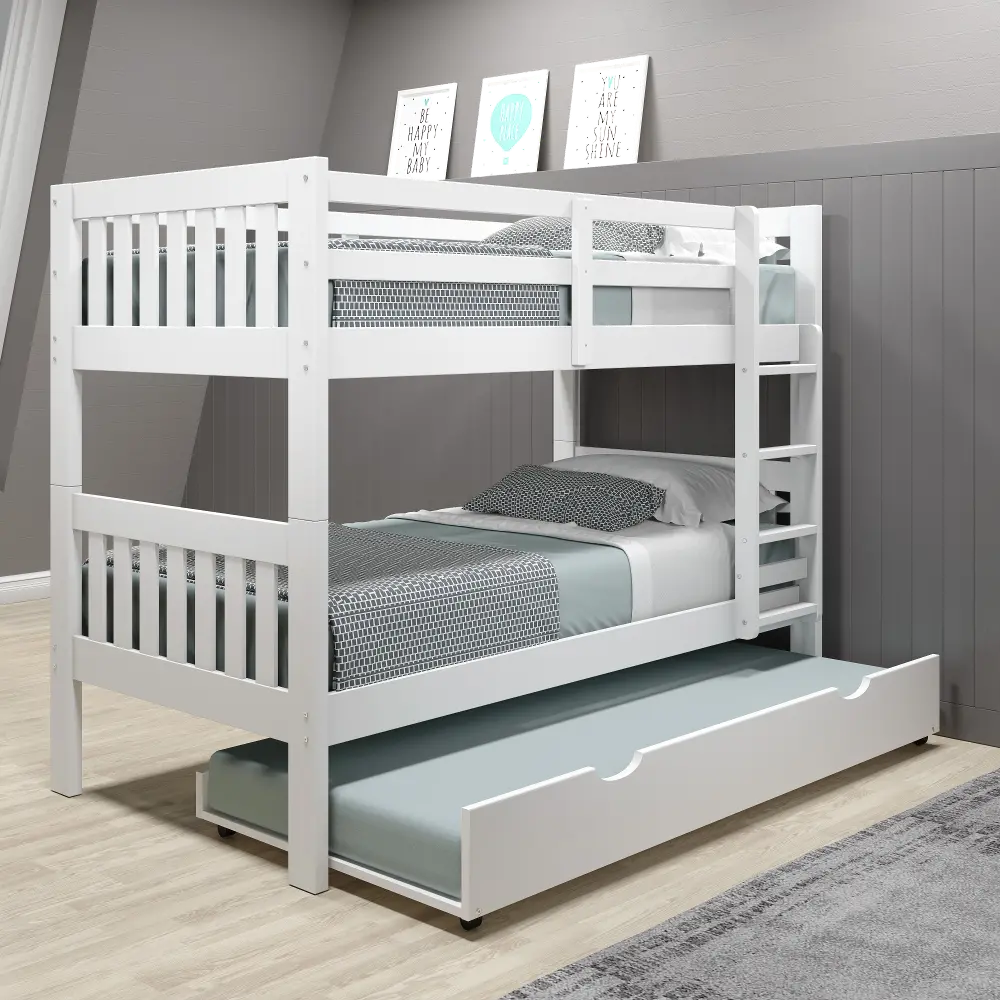 Classic White Twin Bunk Bed with Trundle - Mission-1