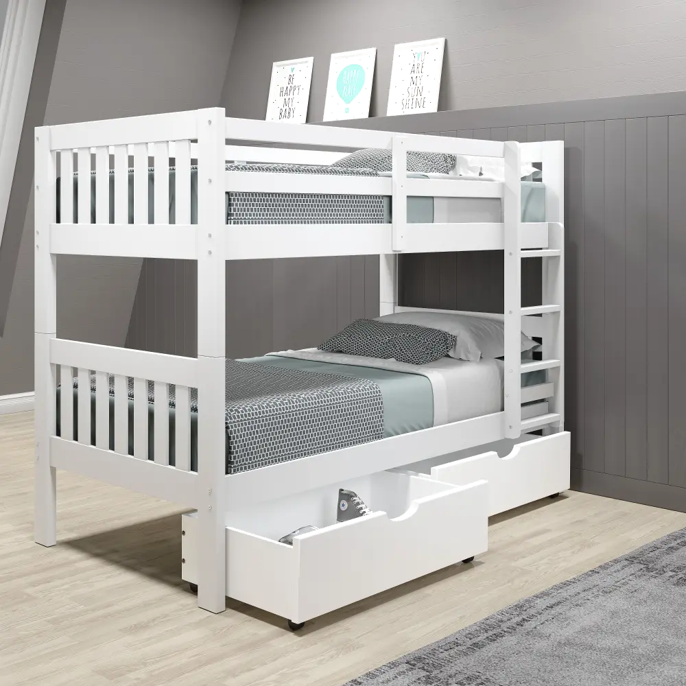 Classic White Twin Bunk Bed with Storage Drawers - Mission-1