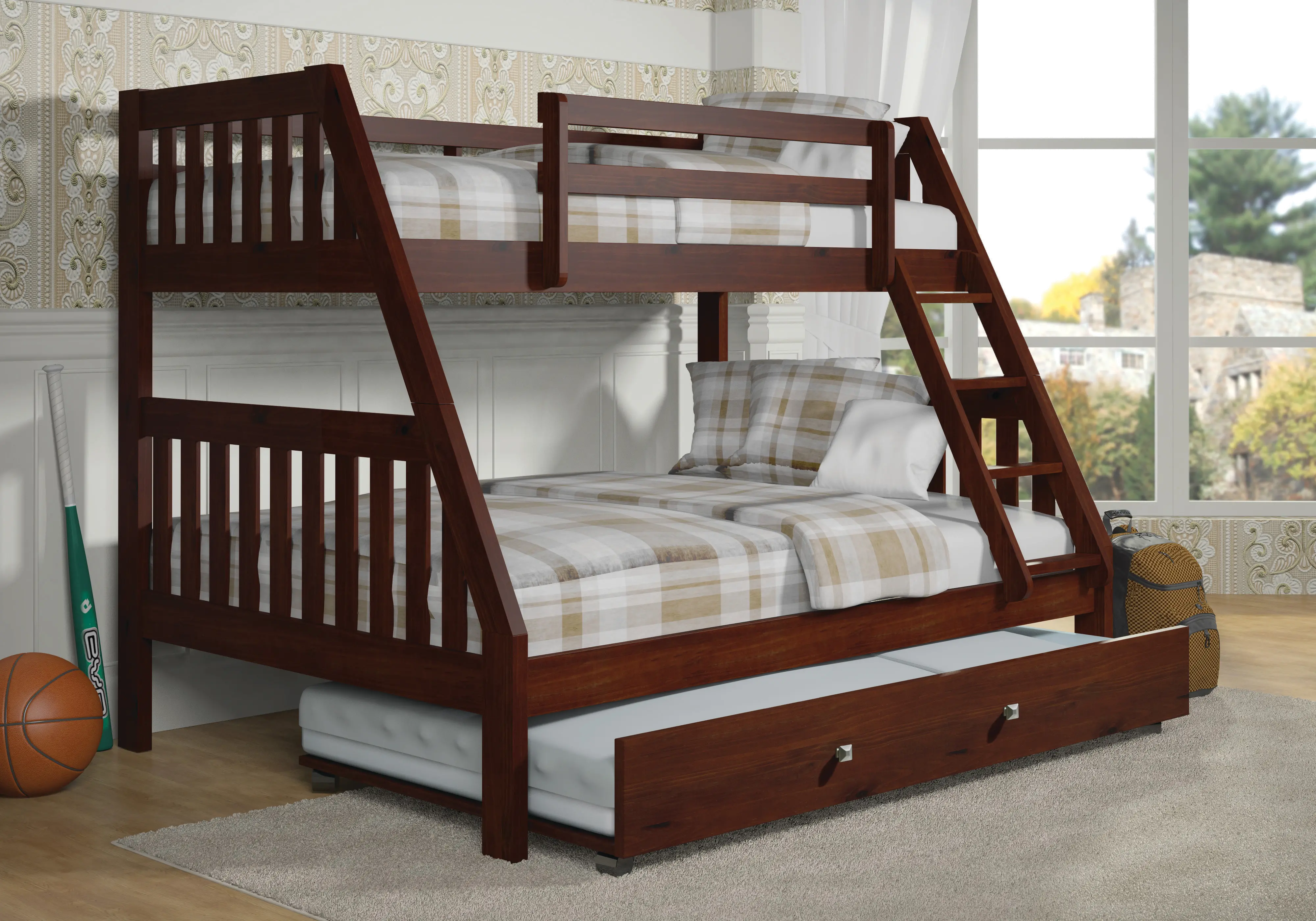 Classic Brown Twin over Full Bunk Bed with Trundle - Mission