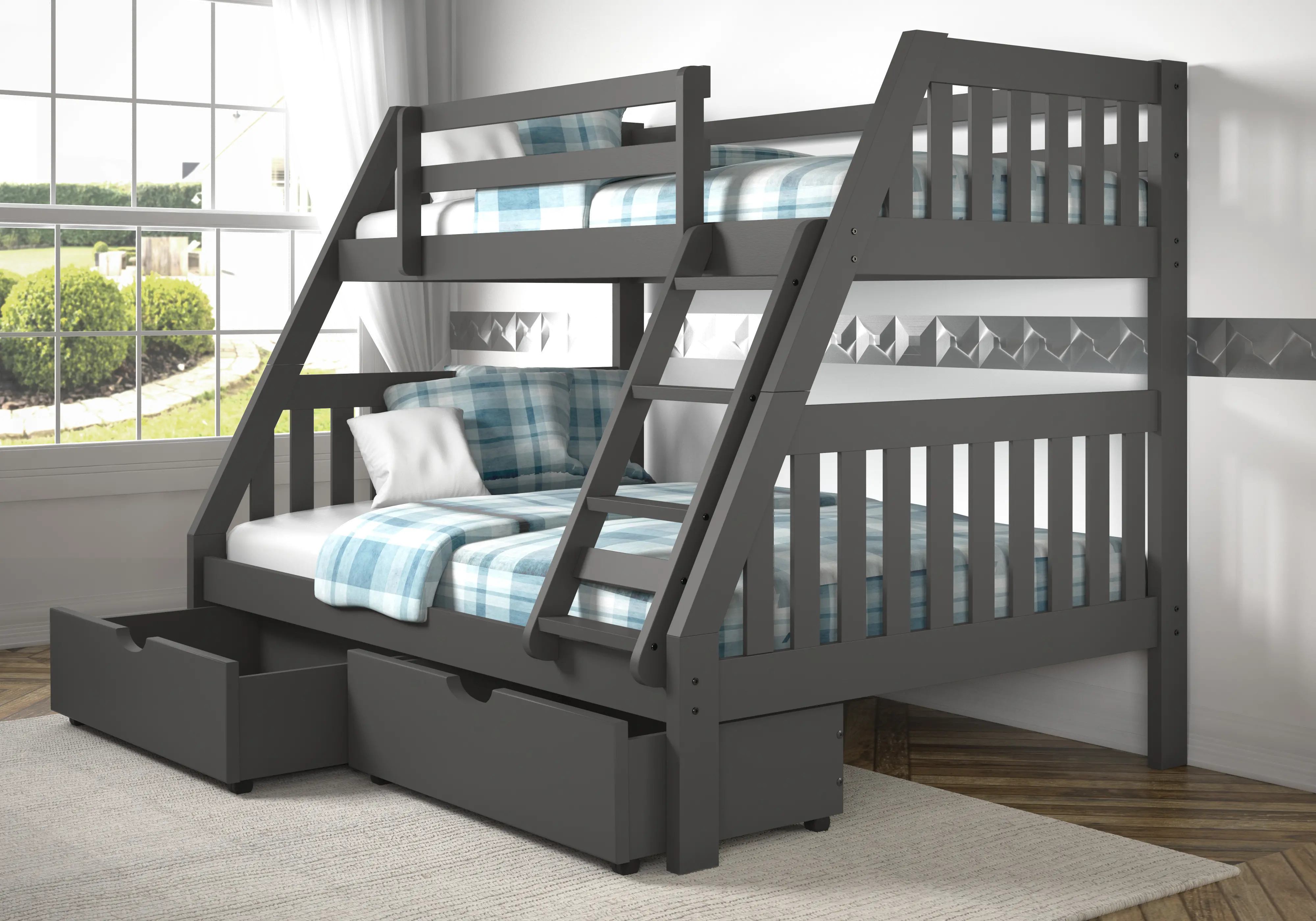 Gray Twin over Full Bunk Bed with Storage Drawers - Mission