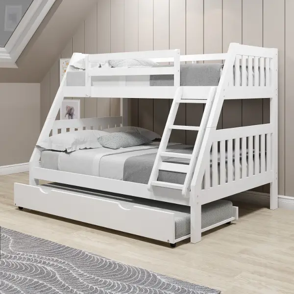 Classic White Twin Over Full Bunk Bed, Double Full Bunk Bed With Trundle