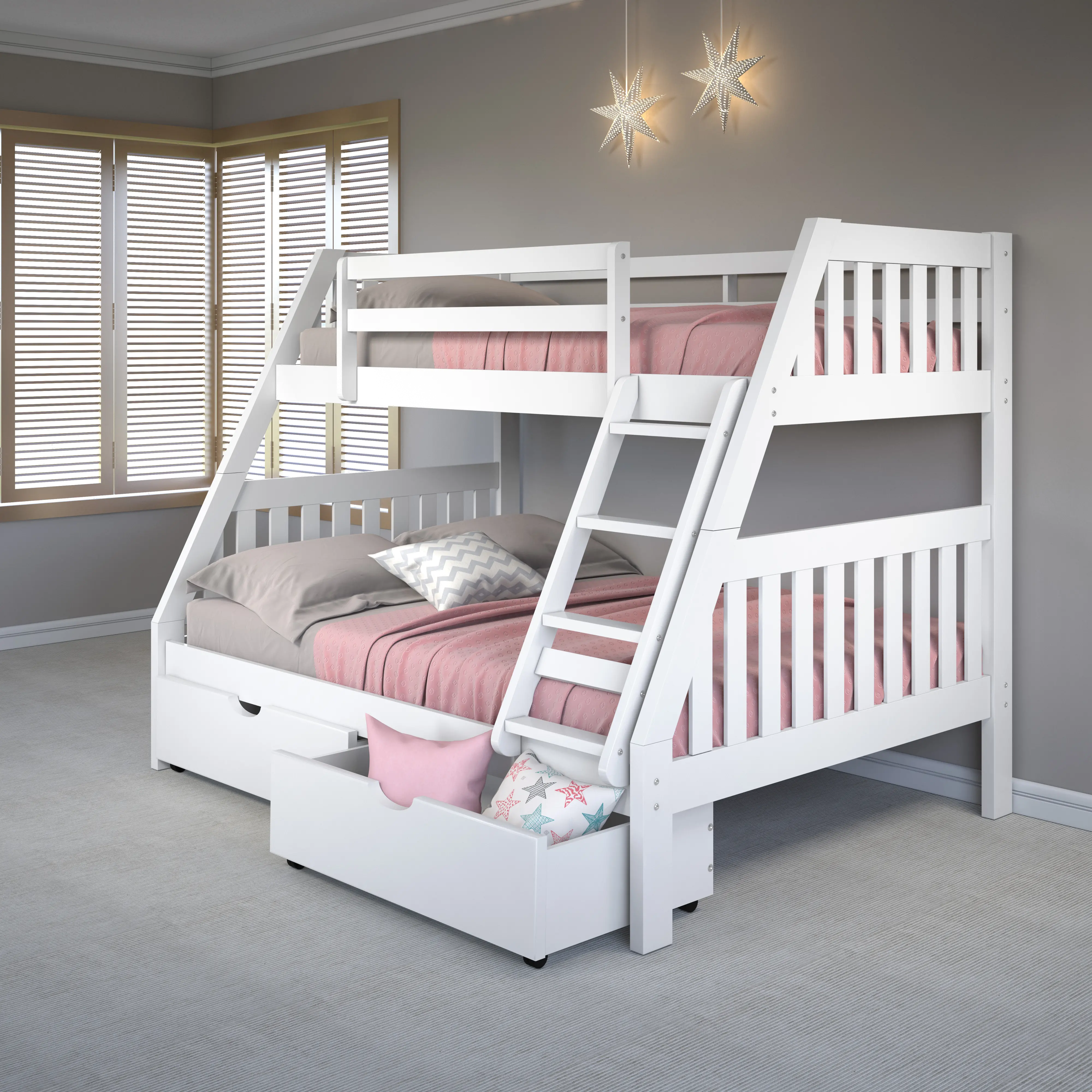 White Twin over Full Bunk Bed with Storage Drawers - Mission