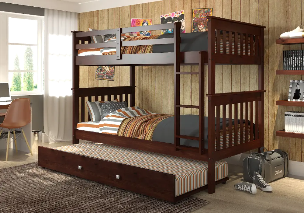 Dark Brown Twin-over-Twin Bunk Bed with Trundle - Craftsman-1