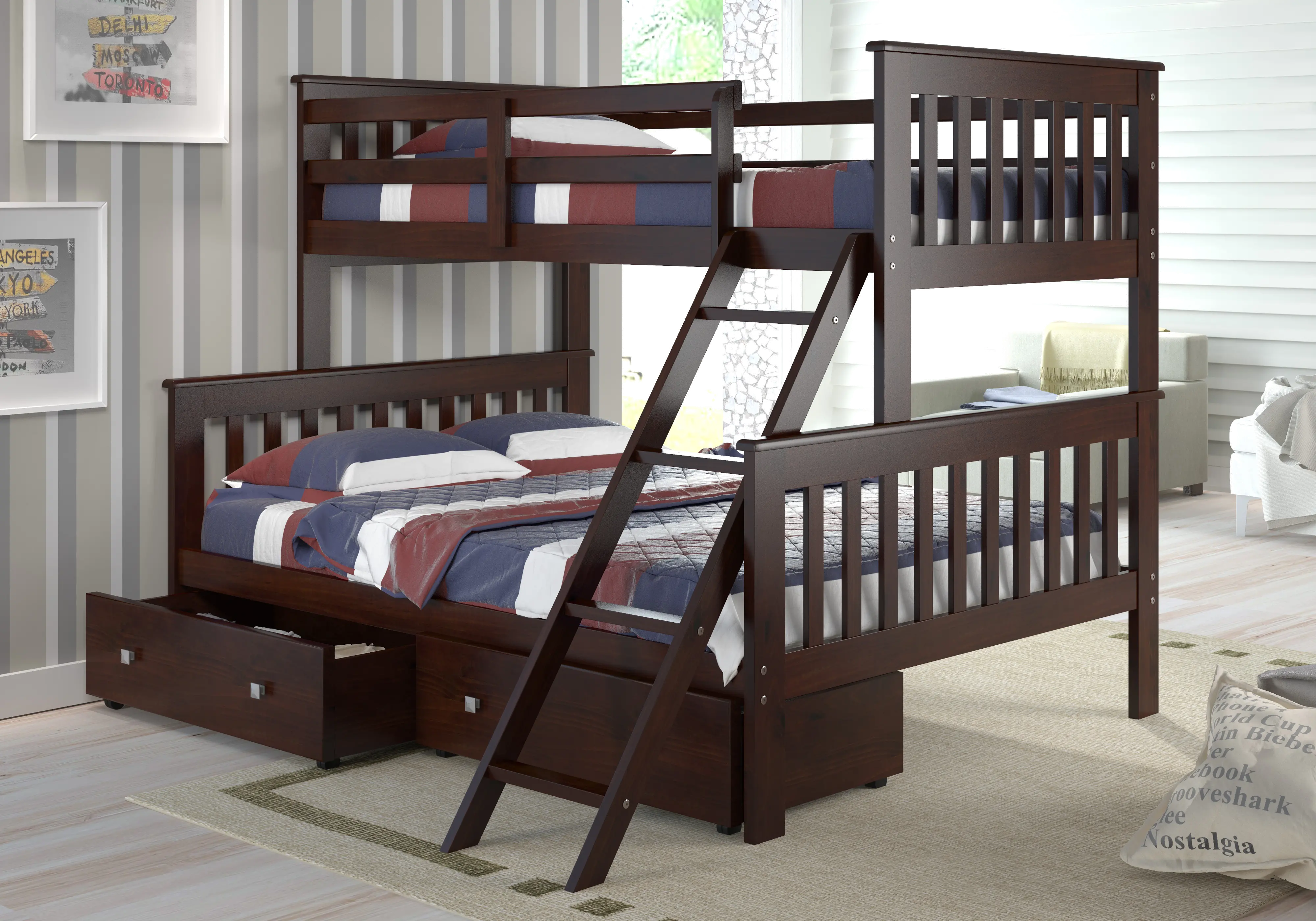 Cappuccino Brown Twin over Full Bunk Bed with Storage - Arts & Crafts