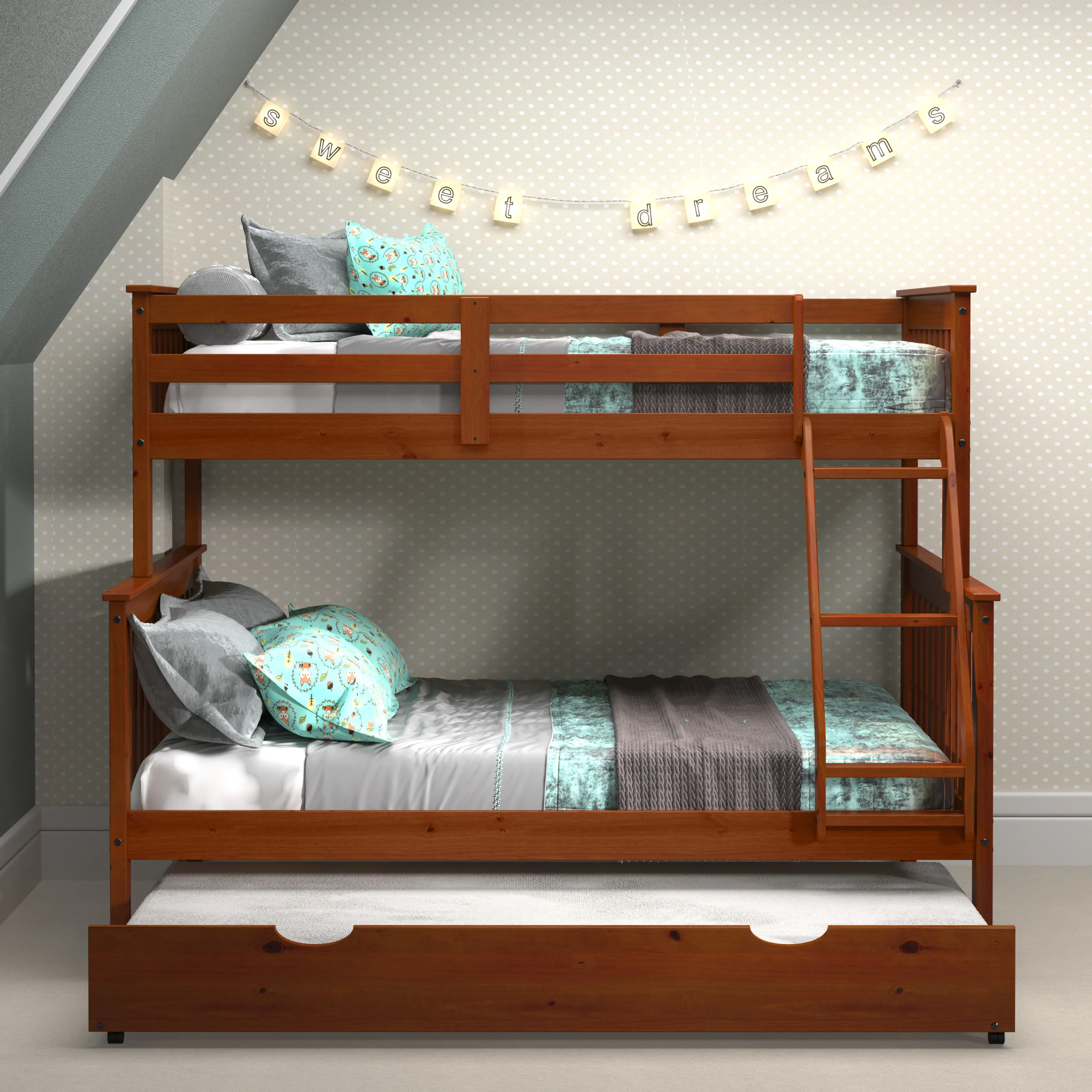 Brown Twin-over-Full Bunk Bed with Trundle - Craftsman