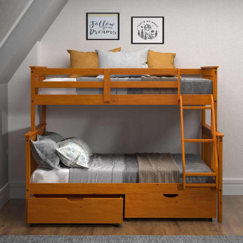 Honey Brown Twin Over Full Bunk Bed, Twin Over Full Bunk Beds With Drawers