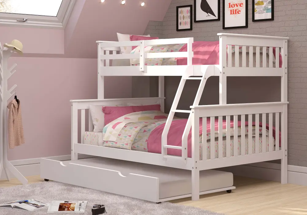White Twin-over-Full Bunk Bed with Trundle - Craftsman-1