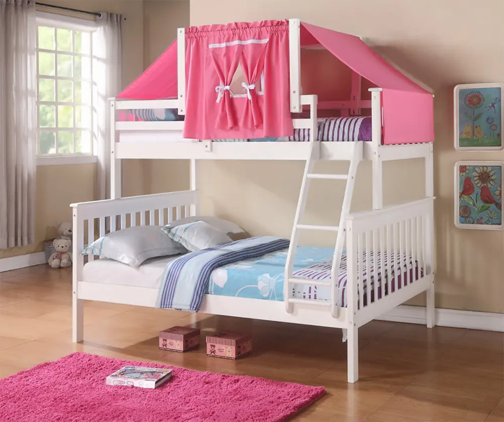 White Twin-over-Full Bunk Bed with Pink Tent - Craftsman-1