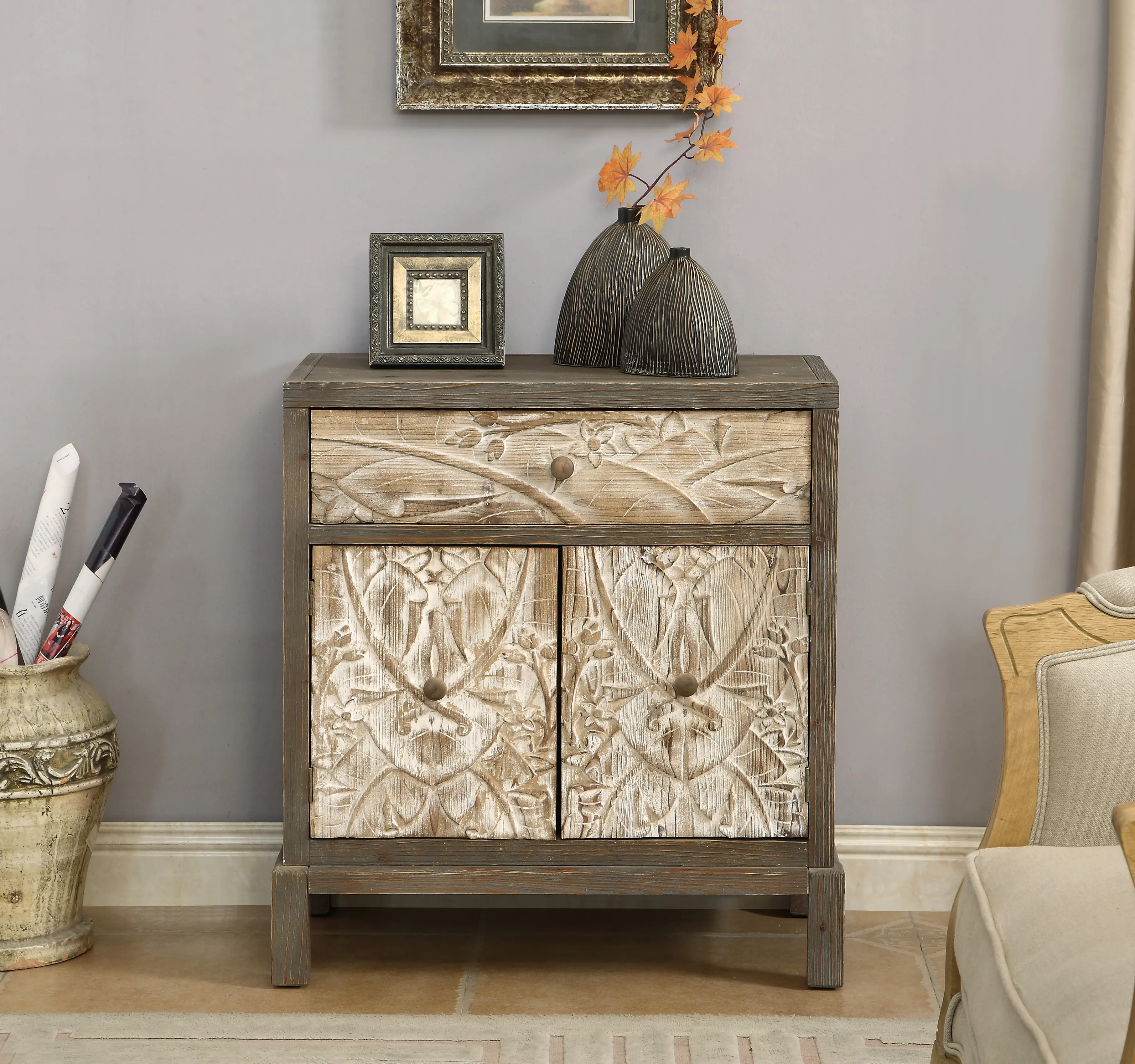 Two Tone Natural and Brown Two Door Storage Accent Cabinet