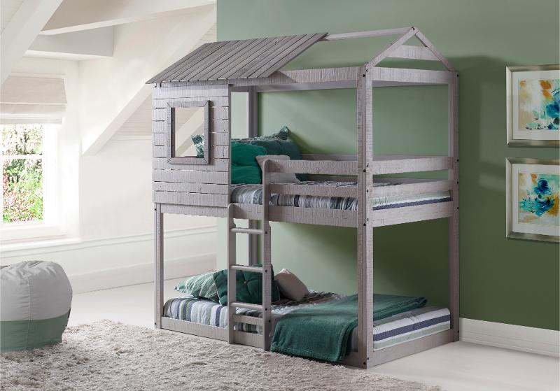 Rustic Gray Twin Over Bunk Bed, Rustic Sand Twin Tree House Loft Bed With Drawers