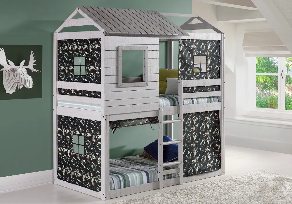 Rustic Gray Twin over Twin Bunk Bed with Camo Tent - Tree Fort-1