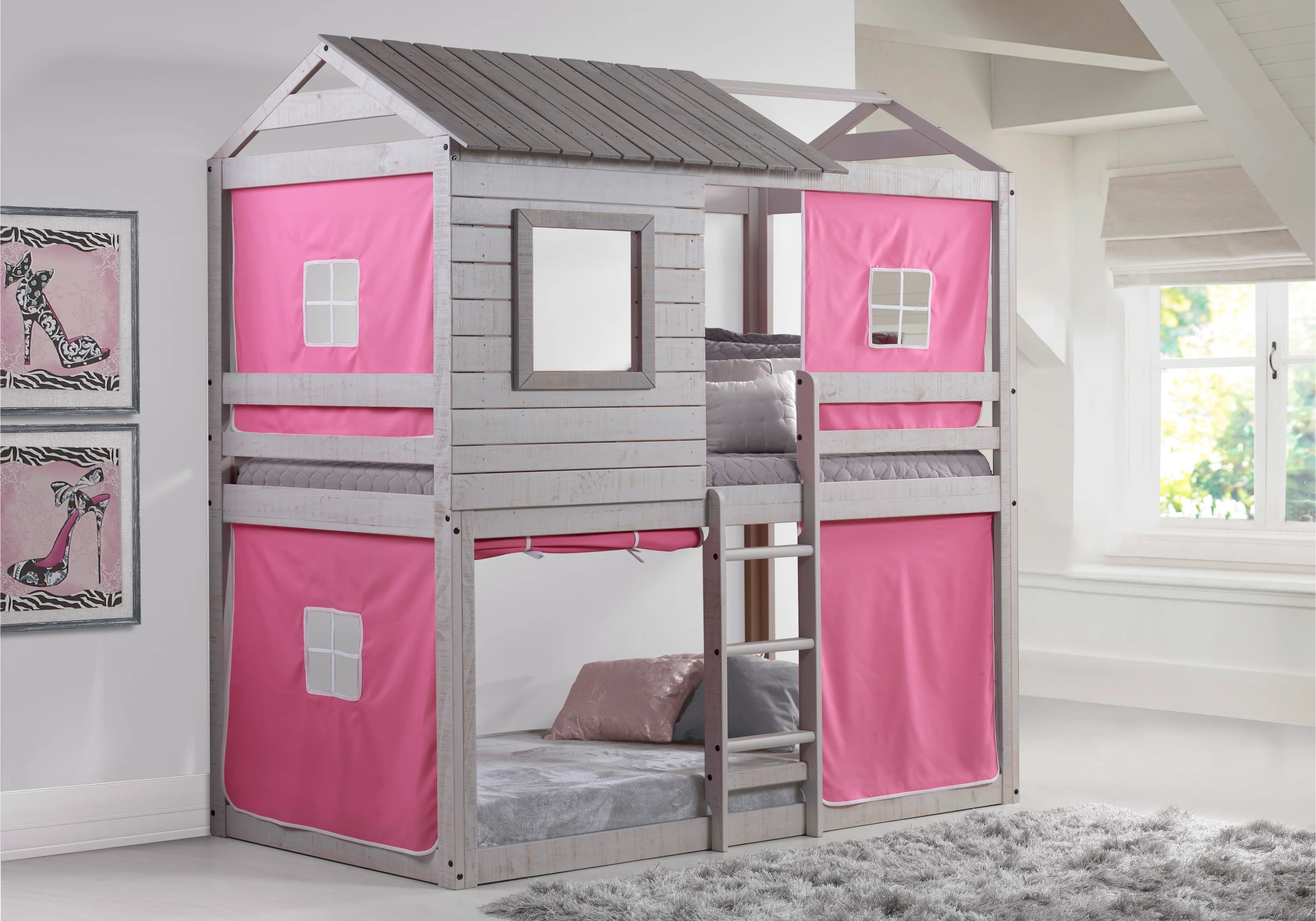 1370-TTLG1370-DP Rustic Gray Twin over Twin Bunk Bed with Pink Tent sku 1370-TTLG1370-DP