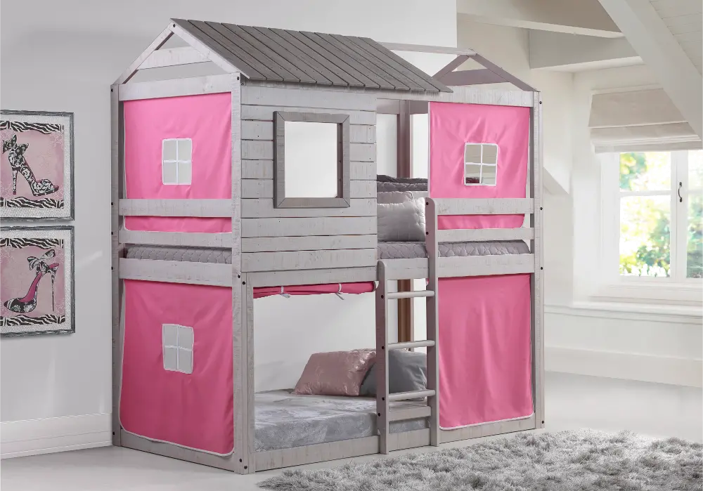 Rustic Gray Twin over Twin Bunk Bed with Pink Tent - Tree Fort-1