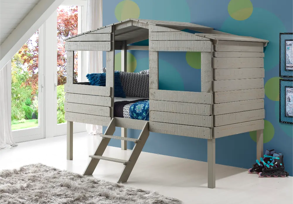 Rustic Gray Twin Loft Bed - Treehouse-1
