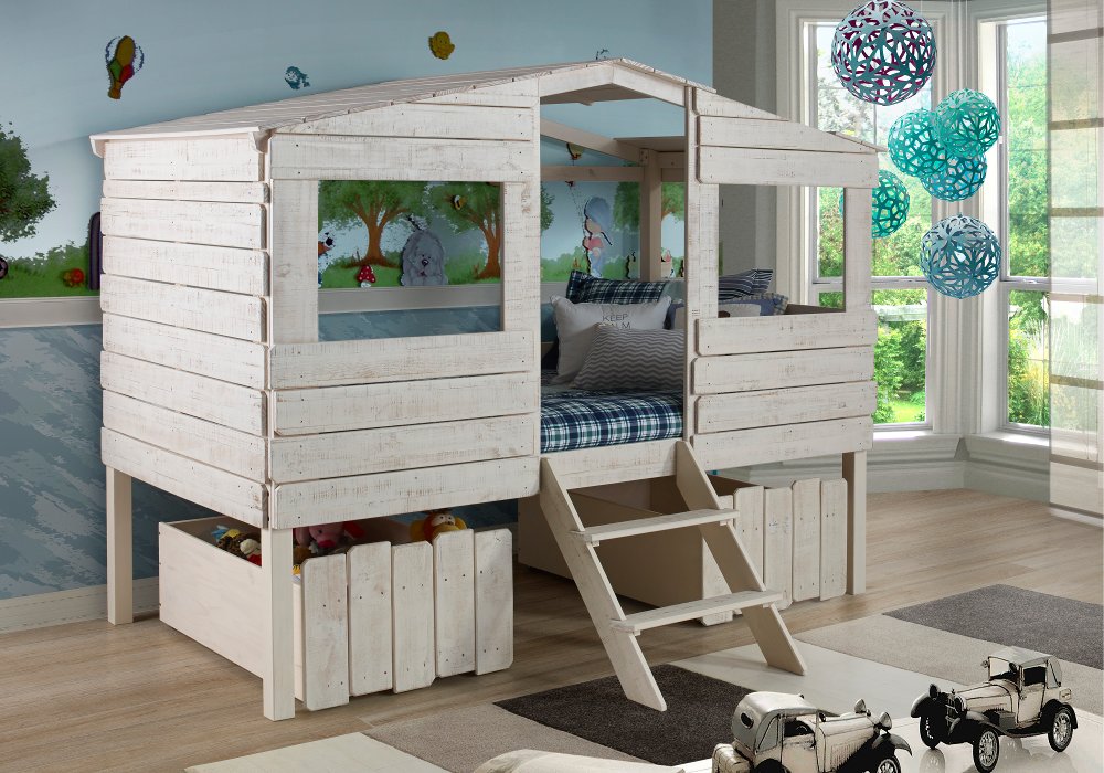 Rustic Sand Twin Loft Bed with Storage Drawers - Treehouse